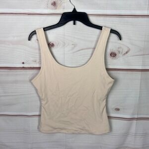 La Voute Lounge Top Womens M Cream‎ Crop Tank Ribbed Knit Sleeveless Scoop Neck